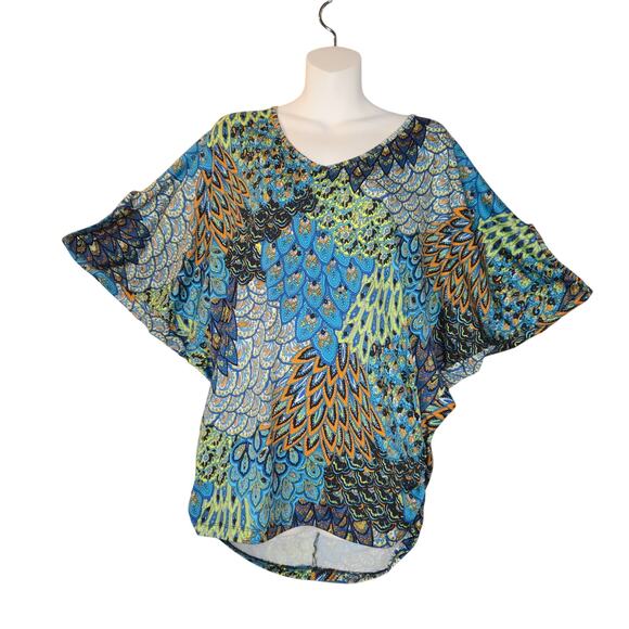 Hypnotized Womens Top Stretch Abstract Feathers Colorful Lounge Travel Vacation - Picture 1 of 12